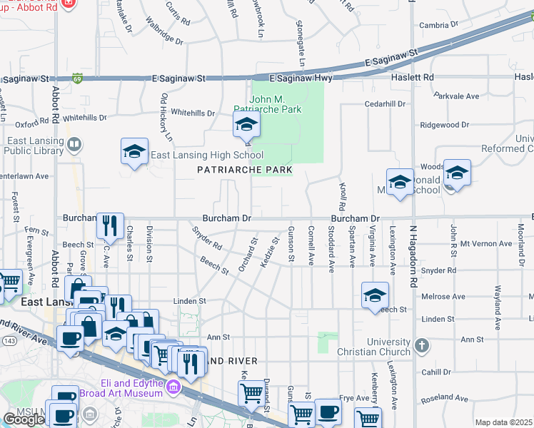 map of restaurants, bars, coffee shops, grocery stores, and more near 931 Burcham Drive in East Lansing
