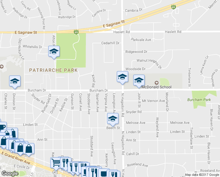 map of restaurants, bars, coffee shops, grocery stores, and more near 1363 Burcham Drive in East Lansing