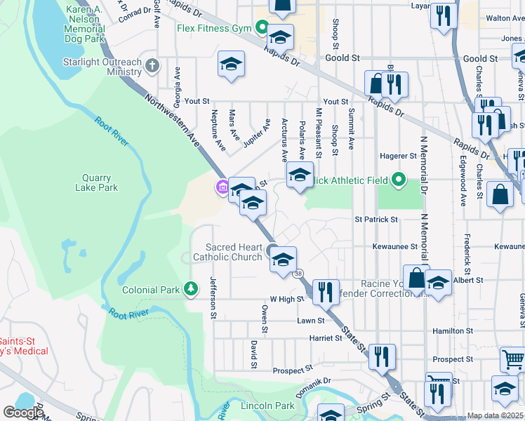 map of restaurants, bars, coffee shops, grocery stores, and more near 2400 Northwestern Avenue in Racine
