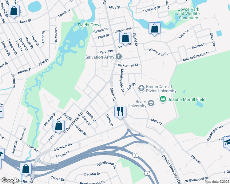 map of restaurants, bars, coffee shops, grocery stores, and more near 3 Morningside Drive in Nashua