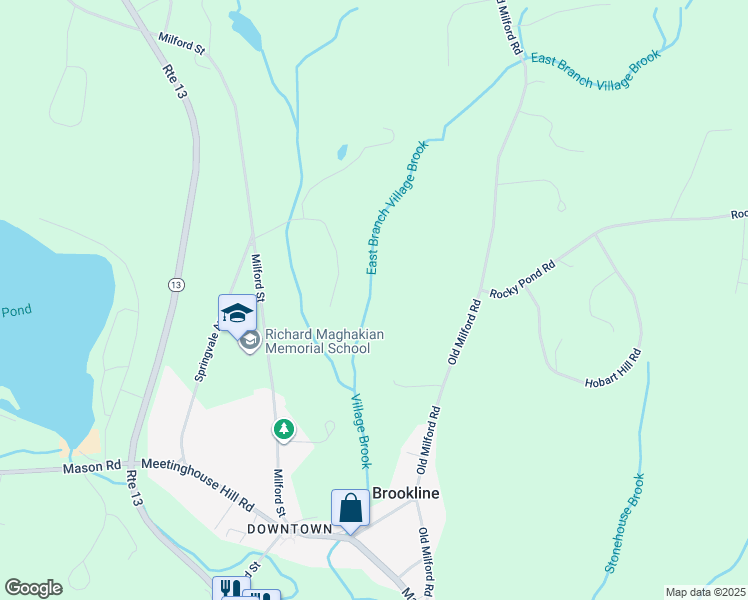 map of restaurants, bars, coffee shops, grocery stores, and more near 18 Austin Road in Brookline