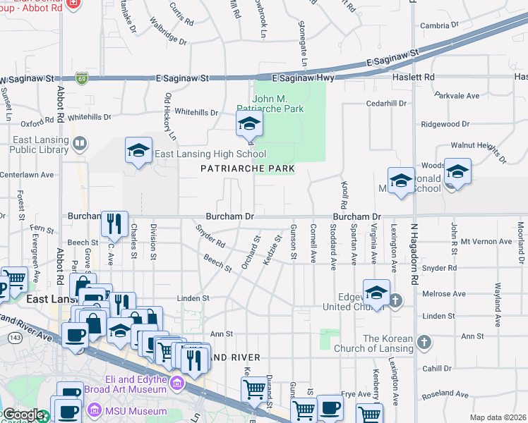 map of restaurants, bars, coffee shops, grocery stores, and more near 931 Burcham Drive in East Lansing