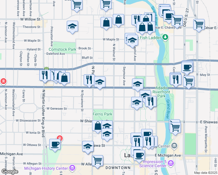 map of restaurants, bars, coffee shops, grocery stores, and more near 420 West Saginaw Street in Lansing