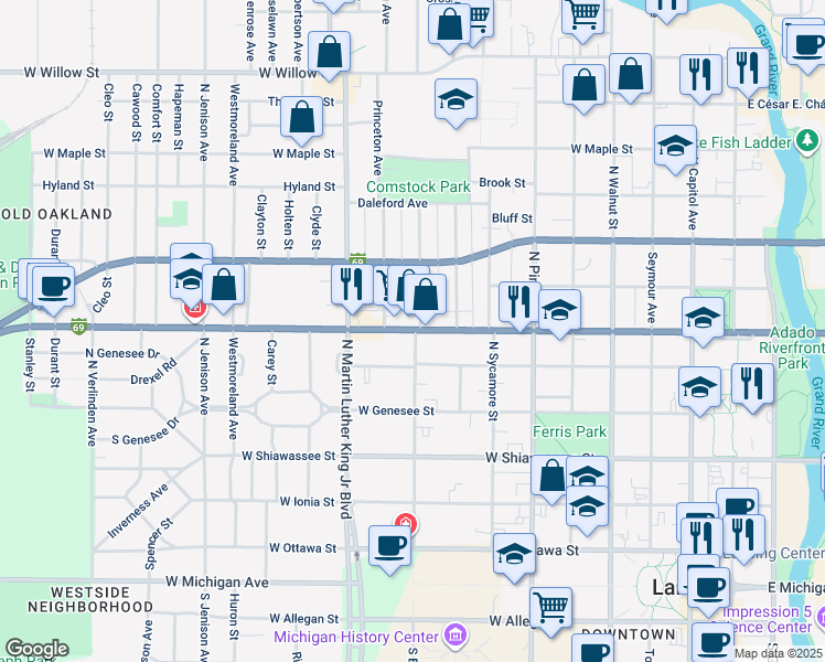 map of restaurants, bars, coffee shops, grocery stores, and more near 700 Chicago Avenue in Lansing