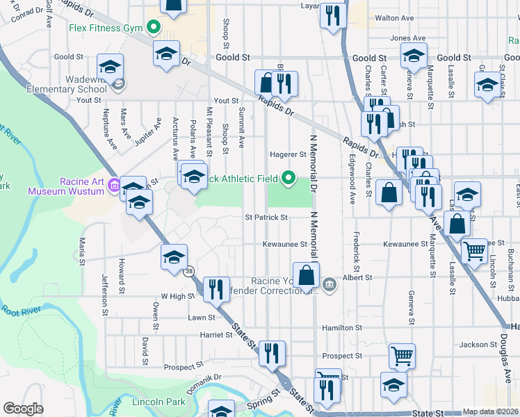 map of restaurants, bars, coffee shops, grocery stores, and more near 1613 Summit Avenue in Racine