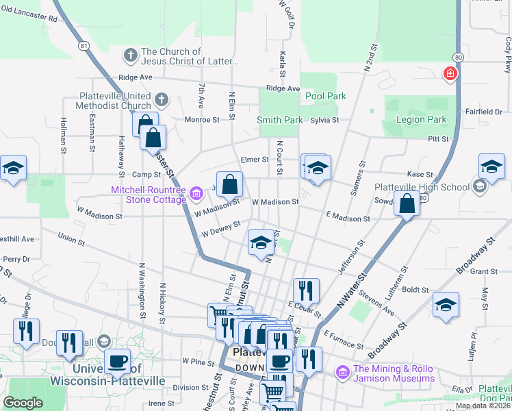 map of restaurants, bars, coffee shops, grocery stores, and more near 245 West Madison Street in Platteville