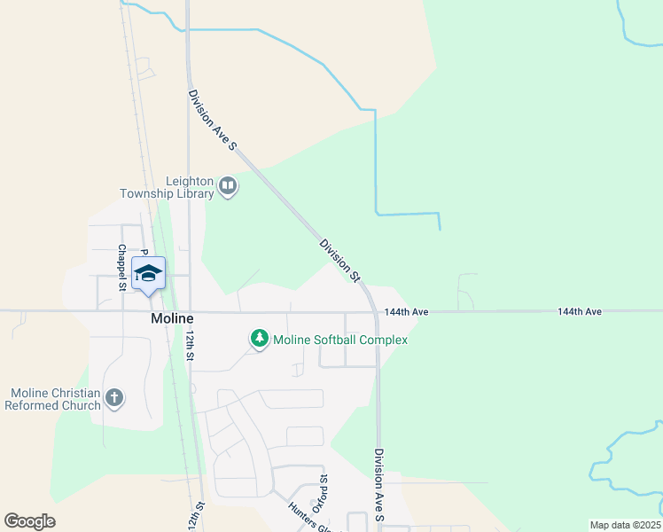map of restaurants, bars, coffee shops, grocery stores, and more near 4424 Division Street in Wayland