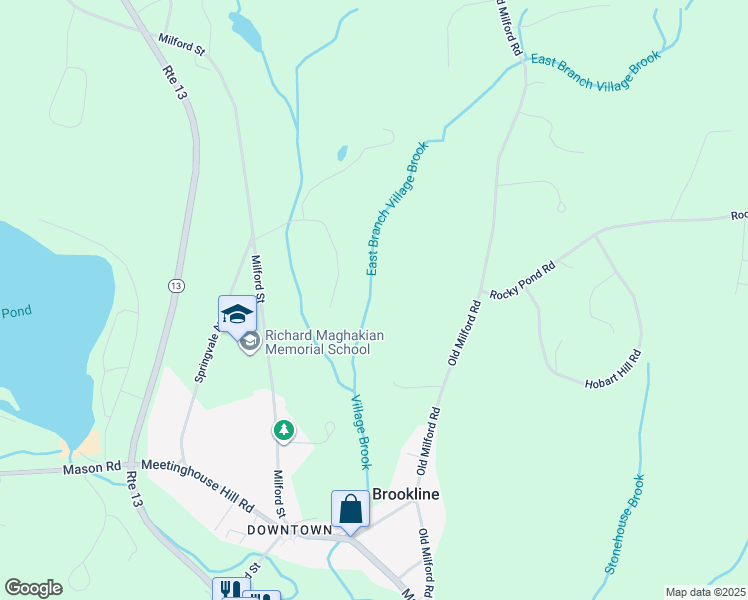 map of restaurants, bars, coffee shops, grocery stores, and more near 18 Austin Road in Brookline