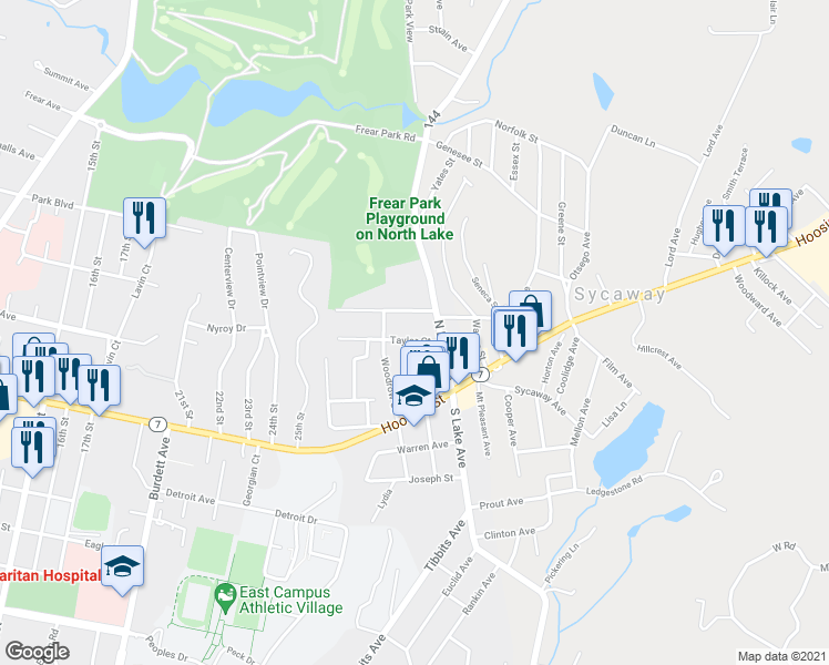 map of restaurants, bars, coffee shops, grocery stores, and more near 443 Taylor Court in Troy