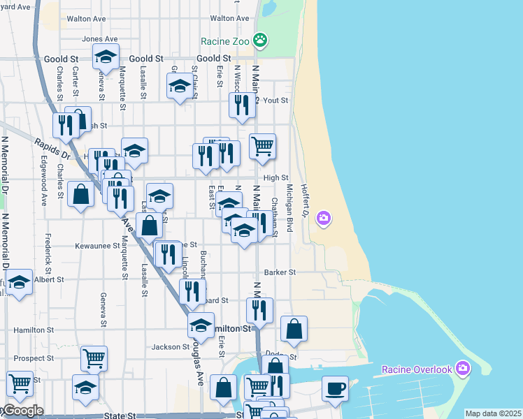 map of restaurants, bars, coffee shops, grocery stores, and more near 1613 North Main Street in Racine