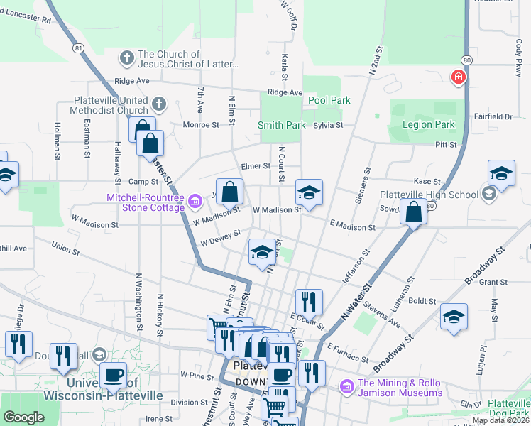 map of restaurants, bars, coffee shops, grocery stores, and more near 245 West Madison Street in Platteville