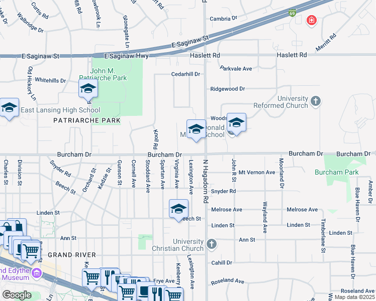 map of restaurants, bars, coffee shops, grocery stores, and more near 1375 Burcham Drive in East Lansing