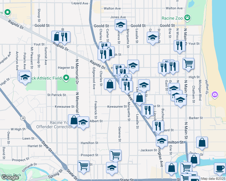 map of restaurants, bars, coffee shops, grocery stores, and more near 1615 Doctor Martin Luther King Drive in Racine