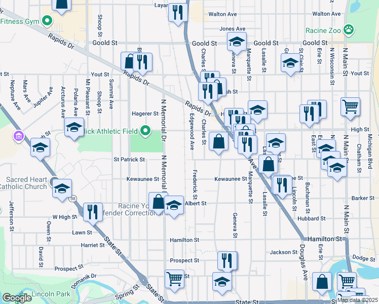 map of restaurants, bars, coffee shops, grocery stores, and more near 1612 Edgewood Avenue in Racine