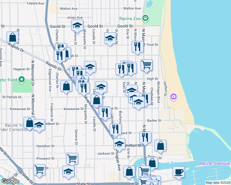 map of restaurants, bars, coffee shops, grocery stores, and more near 1614 Saint Clair Street in Racine