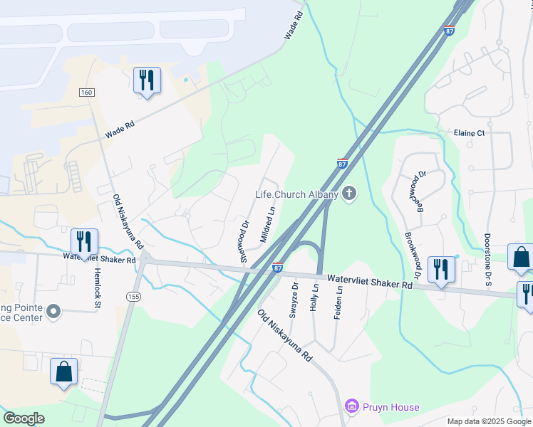 map of restaurants, bars, coffee shops, grocery stores, and more near 22 Mildred Lane in Latham