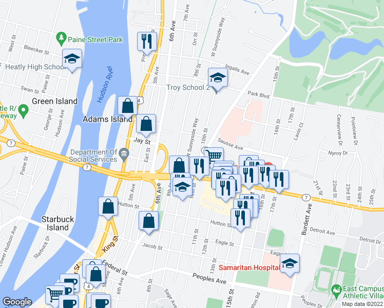 map of restaurants, bars, coffee shops, grocery stores, and more near 268 9th Street in Troy