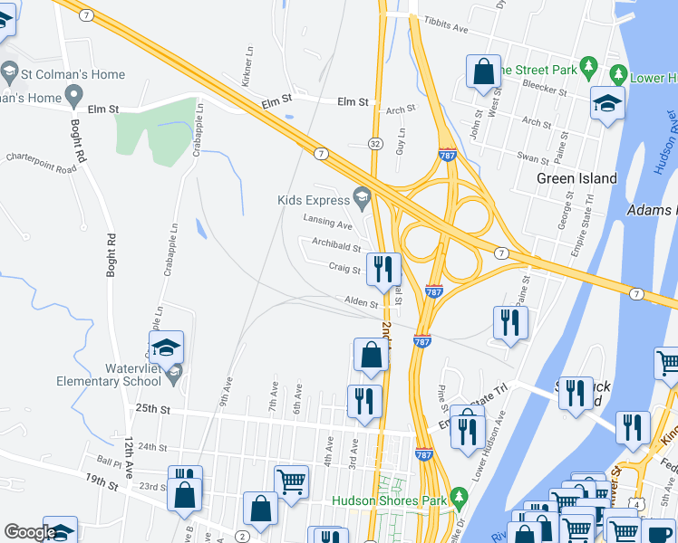 map of restaurants, bars, coffee shops, grocery stores, and more near 26 Craig Street in Watervliet