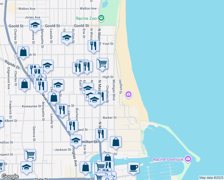 map of restaurants, bars, coffee shops, grocery stores, and more near 1614 Michigan Boulevard in Racine