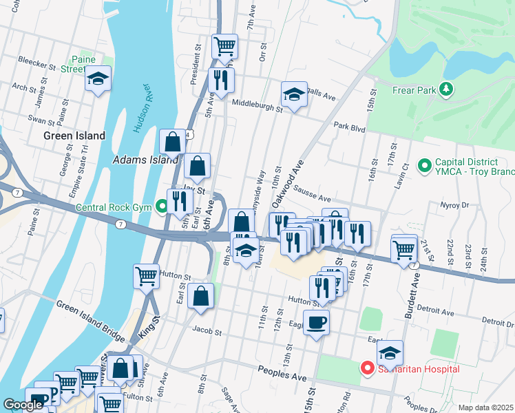map of restaurants, bars, coffee shops, grocery stores, and more near 268 9th Street in Troy