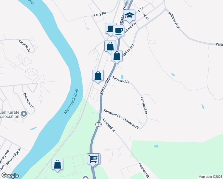 map of restaurants, bars, coffee shops, grocery stores, and more near 1240 Boston Road in Haverhill