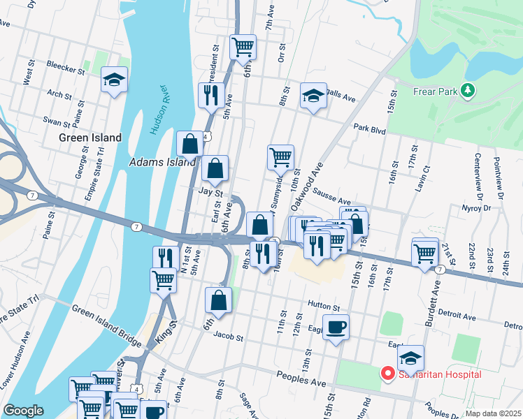 map of restaurants, bars, coffee shops, grocery stores, and more near 375 8th Street in Troy