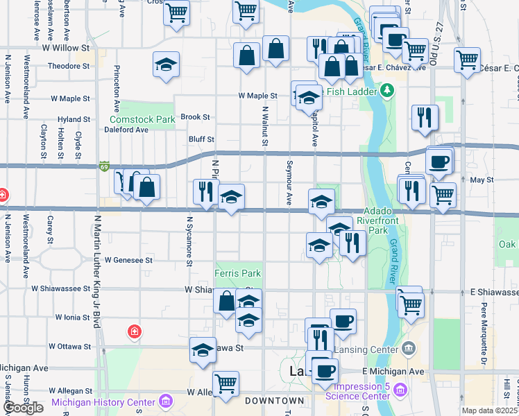 map of restaurants, bars, coffee shops, grocery stores, and more near 322 West Saginaw Street in Lansing
