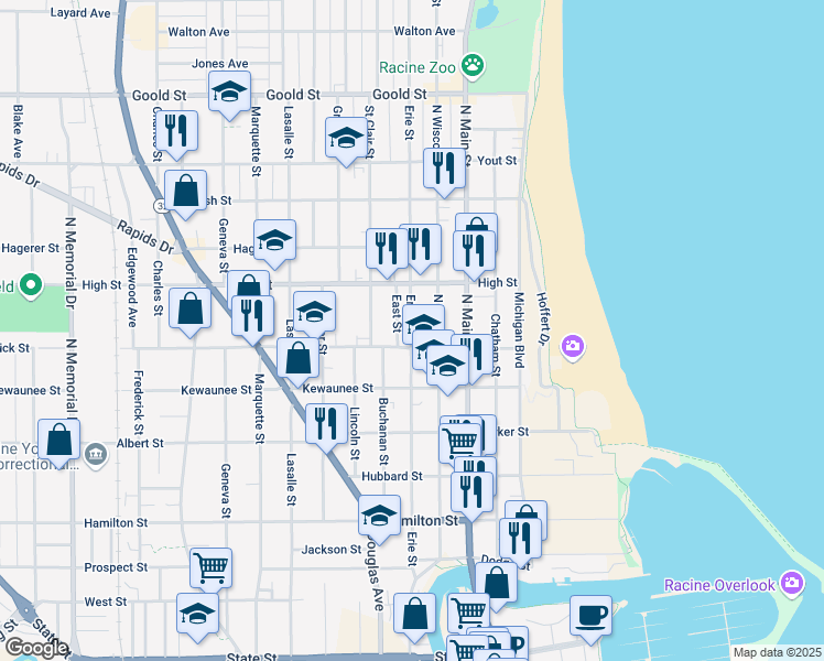map of restaurants, bars, coffee shops, grocery stores, and more near 1620 Erie Street in Racine