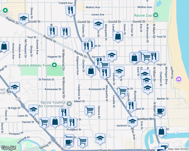 map of restaurants, bars, coffee shops, grocery stores, and more near 1615 Doctor Martin Luther King Drive in Racine