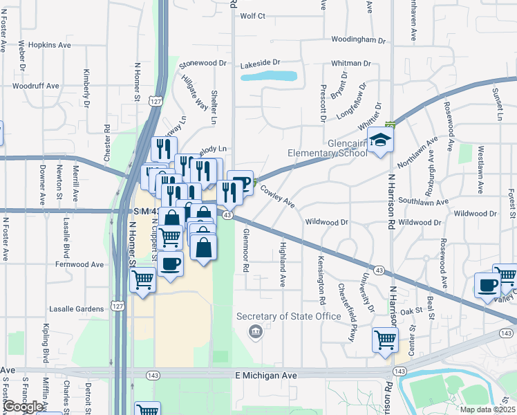 map of restaurants, bars, coffee shops, grocery stores, and more near 731 Touraine Avenue in East Lansing