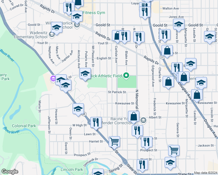map of restaurants, bars, coffee shops, grocery stores, and more near 1613 Summit Avenue in Racine