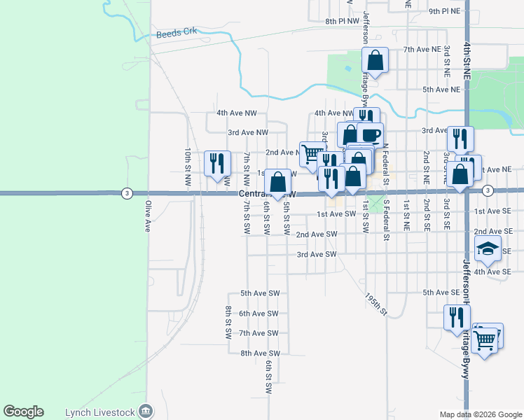 map of restaurants, bars, coffee shops, grocery stores, and more near 58-98 6th St SW in Hampton