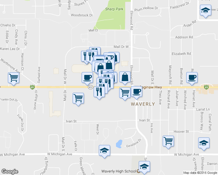 map of restaurants, bars, coffee shops, grocery stores, and more near 5609 West Saginaw Highway in Lansing