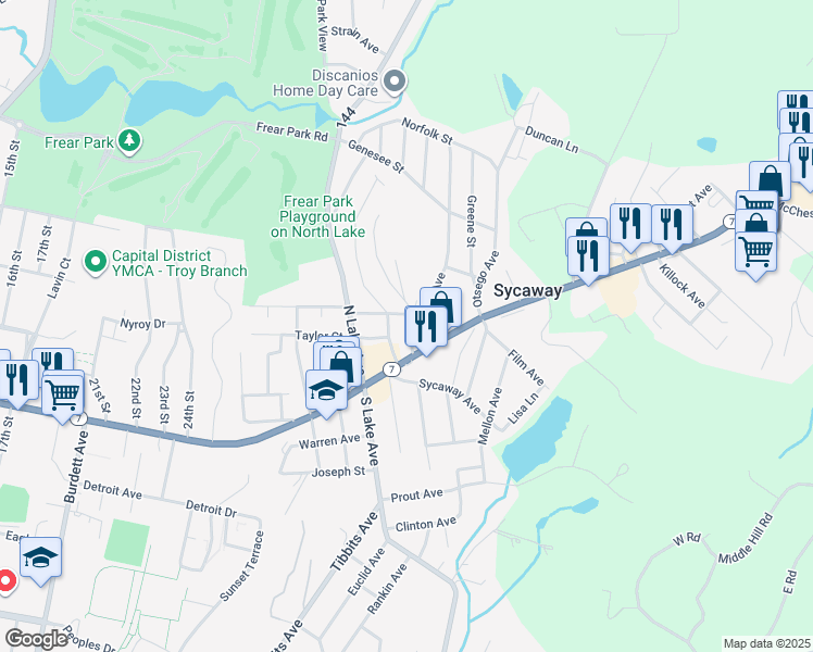 map of restaurants, bars, coffee shops, grocery stores, and more near 15 Cortland Street in Troy