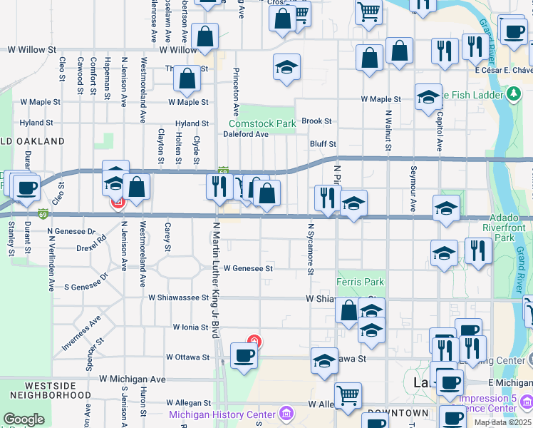 map of restaurants, bars, coffee shops, grocery stores, and more near 700 Chicago Avenue in Lansing