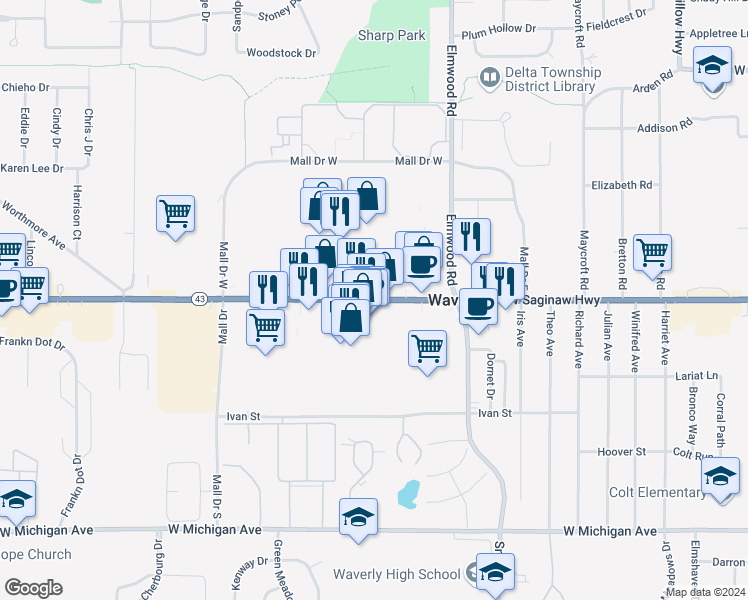 map of restaurants, bars, coffee shops, grocery stores, and more near 5609 West Saginaw Highway in Lansing