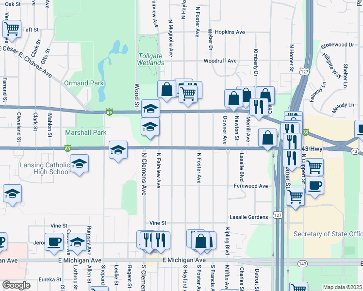map of restaurants, bars, coffee shops, grocery stores, and more near 703 N Hayford Ave in Lansing