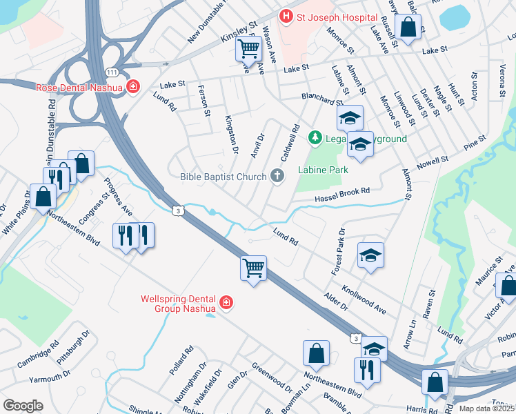 map of restaurants, bars, coffee shops, grocery stores, and more near 77 Caldwell Road in Nashua