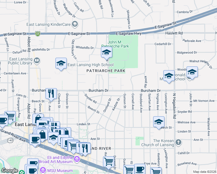 map of restaurants, bars, coffee shops, grocery stores, and more near 722 Alton Road in East Lansing