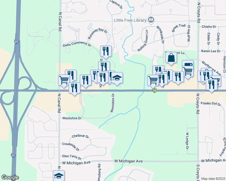 map of restaurants, bars, coffee shops, grocery stores, and more near 700 Starkweather Drive in Lansing