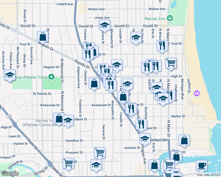 map of restaurants, bars, coffee shops, grocery stores, and more near 1623 Douglas Avenue in Racine
