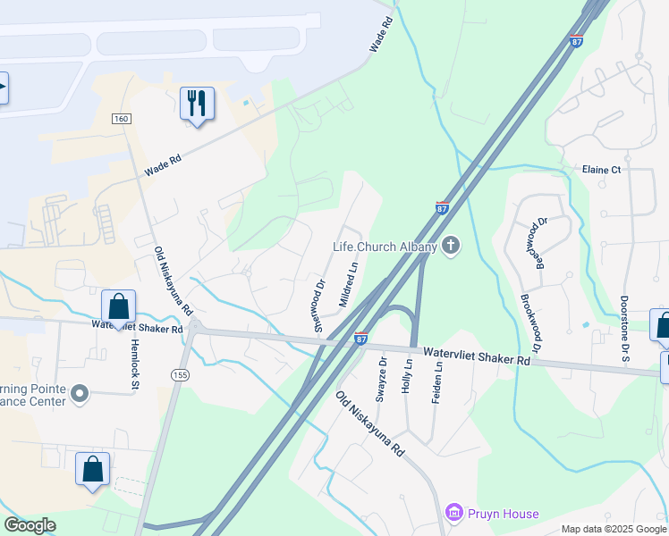 map of restaurants, bars, coffee shops, grocery stores, and more near 22 Mildred Lane in Latham