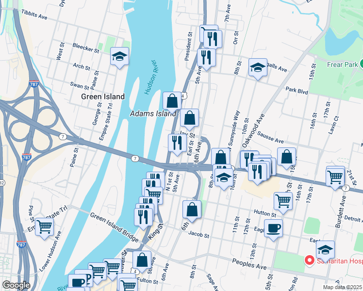 map of restaurants, bars, coffee shops, grocery stores, and more near 2513 5th Avenue in Troy