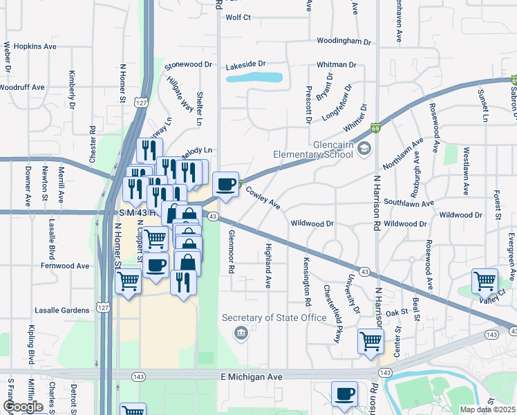 map of restaurants, bars, coffee shops, grocery stores, and more near 752 Touraine Avenue in East Lansing