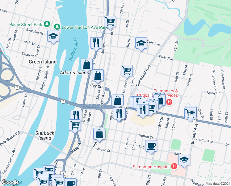 map of restaurants, bars, coffee shops, grocery stores, and more near 375 8th Street in Troy