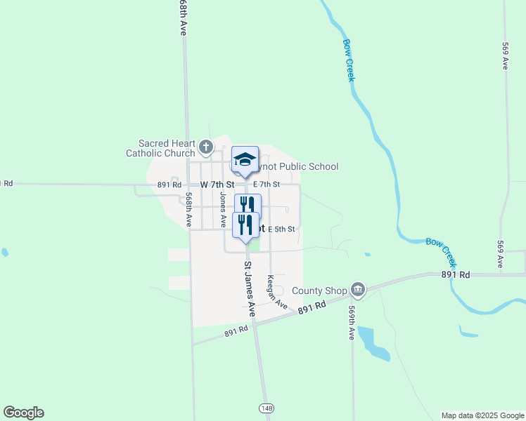 map of restaurants, bars, coffee shops, grocery stores, and more near 511 Keegan Avenue in Wynot