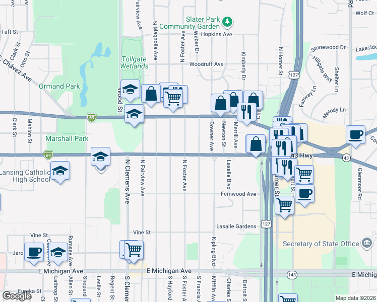 map of restaurants, bars, coffee shops, grocery stores, and more near 704 North Foster Avenue in Lansing