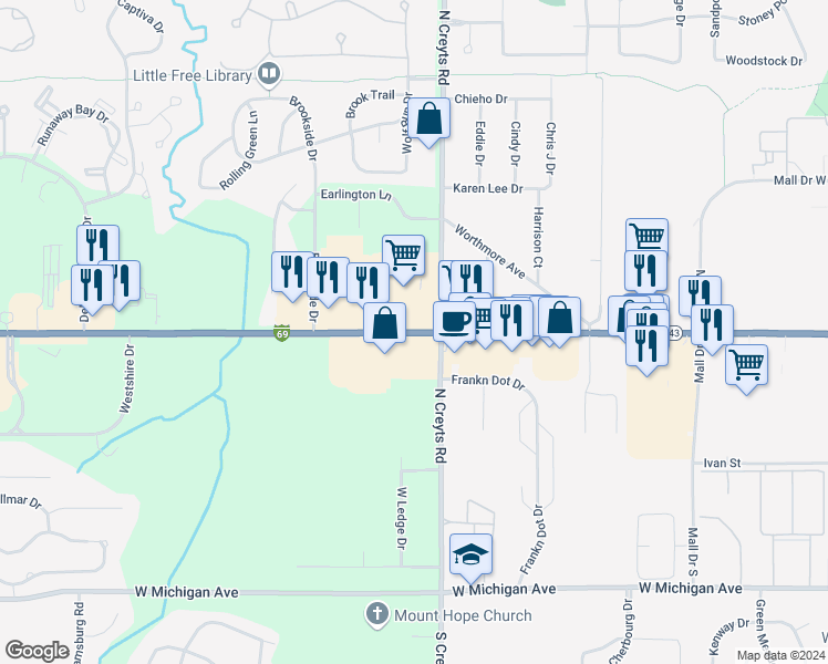 map of restaurants, bars, coffee shops, grocery stores, and more near 6430 West Saginaw Highway in Lansing