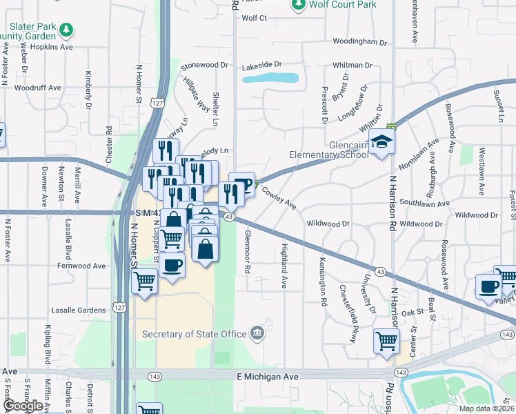 map of restaurants, bars, coffee shops, grocery stores, and more near 731 Touraine Avenue in East Lansing