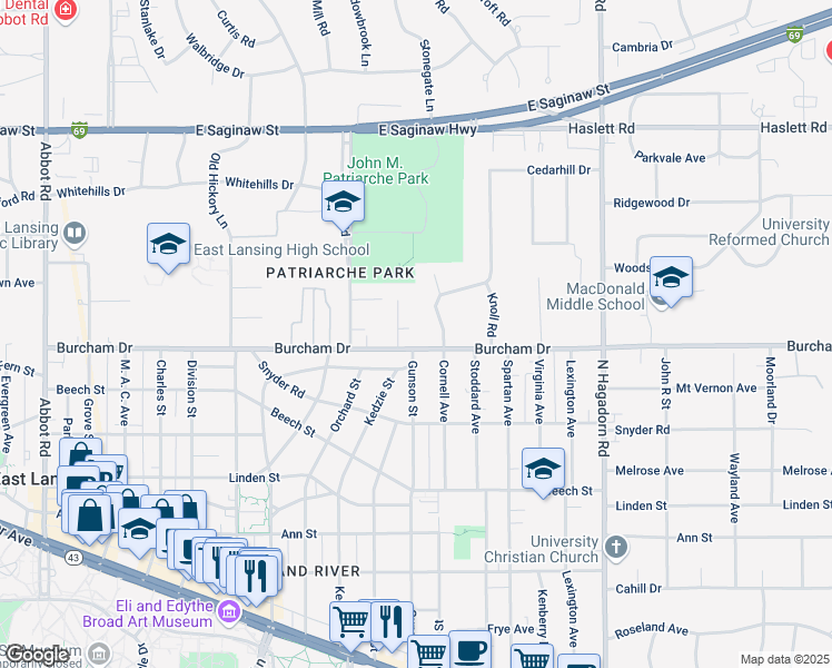 map of restaurants, bars, coffee shops, grocery stores, and more near 1101 Burcham Drive in East Lansing